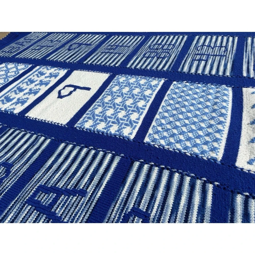 Vintage Hand Knit Crochet Afghan Throw Blue White Pattern Letters Numbers 1988